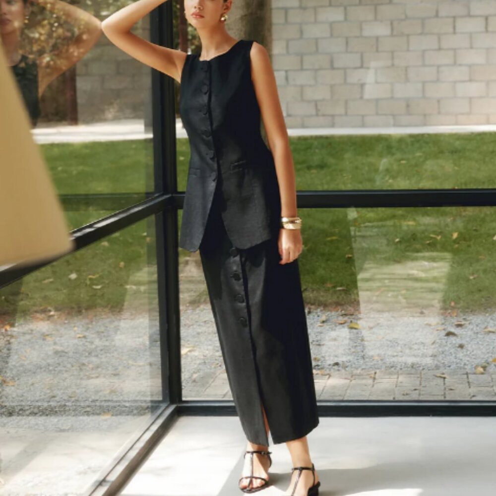 Commense Solid Linen Button Maxi Skirt - image 2